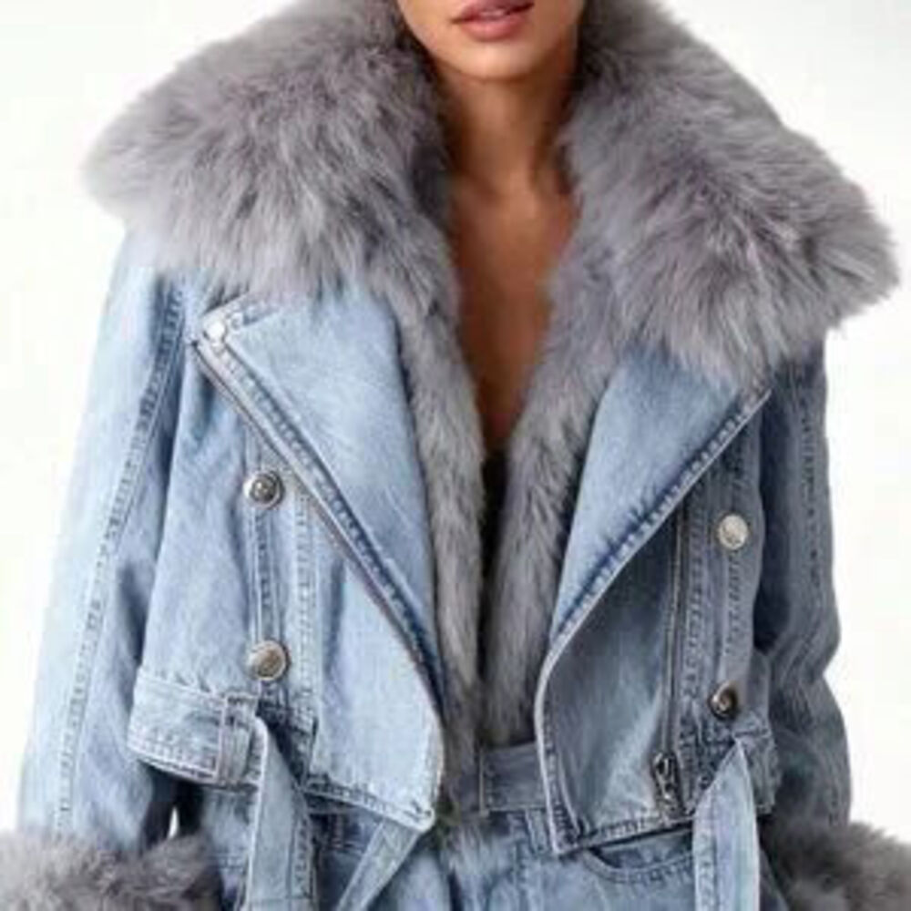 Light Blue Casual Women's Denim Jacket with Faux Fox Fur Collar